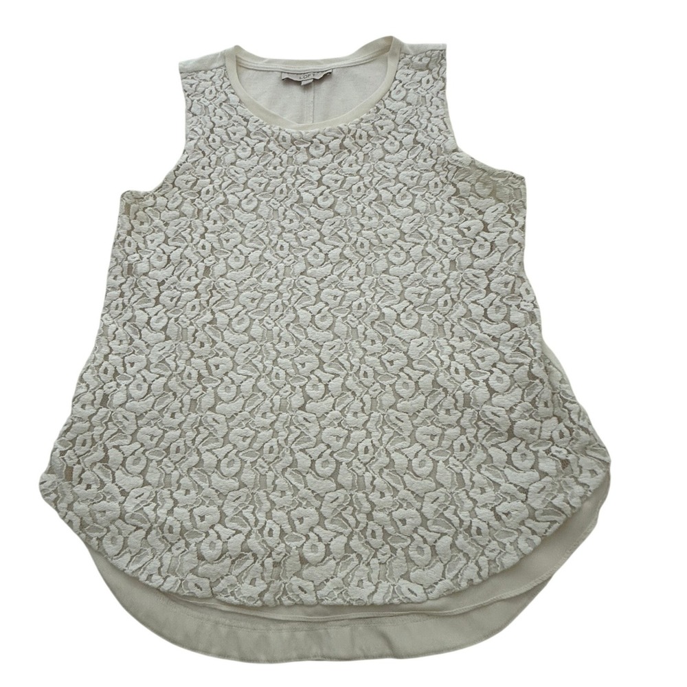 Loft Crochet Overlay Top Womens L OffWhite Geometric Floral Scalloped Sleeveless